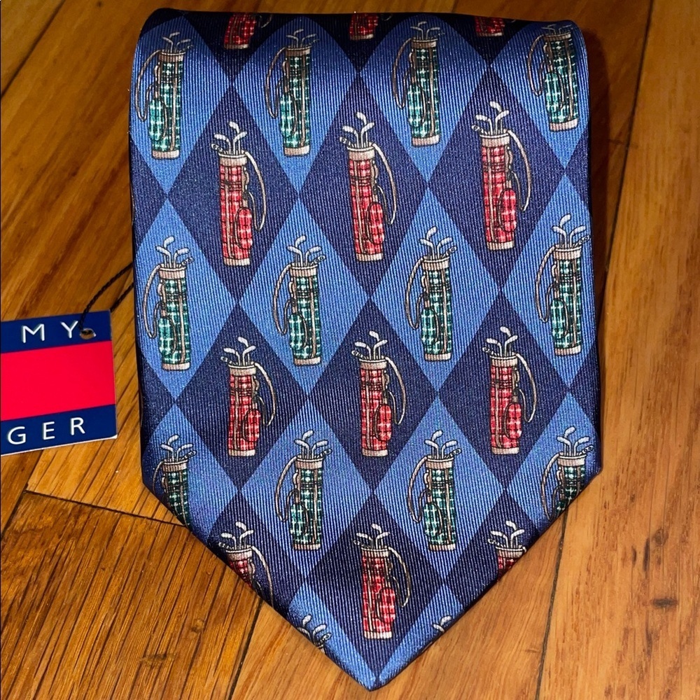 NWT Tommy Hilfiger 100% Italian Silk Tie. Golf themed.  Blue,‎ Black, Red.
